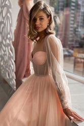 Elegant Long A-line Pink Tulle Long Sleeves Prom Evening Dresses Peach Party Dress